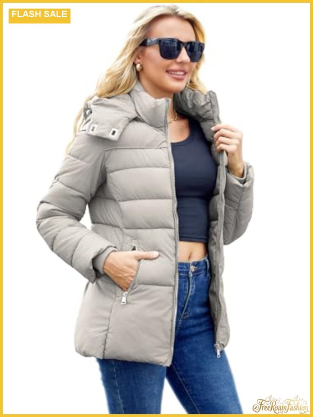 Womens Packable Puffer Jacket Hooded Lightweight Winter Coat Warm Mid Length